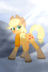 Size: 1000x1500 | Tagged: safe, artist:white0canvas, applejack, g4, boots, clothes, crepuscular rays, female, scarf, snow, solo, winter