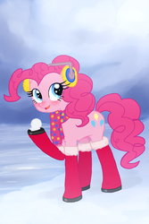 Size: 1000x1500 | Tagged: safe, artist:white0canvas, pinkie pie, g4, boots, clothes, earmuffs, female, scarf, snow, snowball, solo, winter