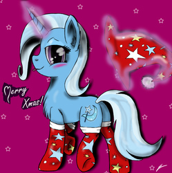 Size: 893x895 | Tagged: safe, artist:echoemerald, trixie, pony, unicorn, g4, chest fluff, christmas, clothes, female, mare, socks, solo