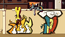 Size: 3000x1687 | Tagged: safe, artist:captainhoers, rainbow dash, spitfire, g4, bandage, fractured loyalty, graffiti, upside down, wall