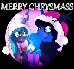 Size: 1280x1188 | Tagged: safe, artist:jokerpony, princess luna, queen chrysalis, ask teen chrysalis, g4, christmas, clothes, goth, hat, present, pun, sweater, tumblr