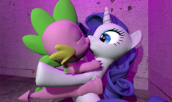Size: 640x382 | Tagged: safe, rarity, spike, dragon, pony, unicorn, g4, 3d, age difference, duo, female, gmod, kiss on the lips, kissing, lips, male, mare, pink, ship:sparity, shipping, straight, surprise kiss, surprised