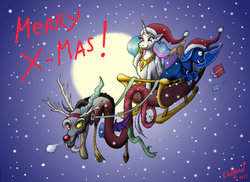 Size: 3507x2550 | Tagged: safe, artist:kh0nan, discord, princess celestia, princess luna, g4, christmas, hat, rudolph, rudolph the red nosed reindeer, santa hat, sleigh
