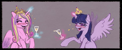 Size: 700x289 | Tagged: safe, artist:cosmicunicorn, princess cadance, twilight sparkle, alicorn, pony, g4, alcohol, blushing, drunk, drunk cadance, drunk twilight, duo, eyes closed, female, glass, laughing, magic, mare, open mouth, raised hoof, sisters-in-law, sitting, smiling, spread wings, sternocleidomastoid, twilight sparkle (alicorn)
