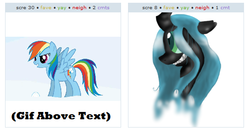 Size: 543x279 | Tagged: safe, queen chrysalis, rainbow dash, derpibooru, g4, exploitable meme, juxtaposition, juxtaposition win, meme, meta