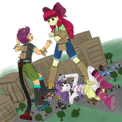 Size: 1222x1225 | Tagged: safe, artist:alloyrabbit, artist:hgrobo, apple bloom, scootaloo, sweetie belle, kaiju, equestria girls, g4, boots, building, camera, car, cardboard, city, clothes, cutie mark crusaders, jeans, macro, pants, shoes, skirt