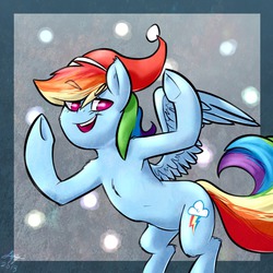 Size: 900x900 | Tagged: dead source, safe, artist:lizzyoli-ravioli, rainbow dash, pegasus, pony, g4, abstract background, bipedal, christmas, female, hat, holiday, mare, open mouth, santa hat, signature, solo, underhoof