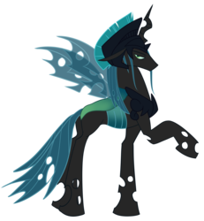 Size: 4161x4497 | Tagged: safe, artist:wicklesmack, queen chrysalis, changeling, g4, absurd resolution, changeling king, helmet, king metamorphosis, raised hoof, rule 63, simple background, solo, transparent background