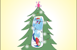 Size: 604x398 | Tagged: safe, artist:cybersp0nge, rainbow dash, g4, body pillow, christmas, christmas tree, female, newgrounds, solo, tree