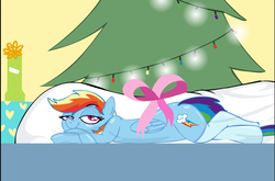 Size: 603x398 | Tagged: safe, artist:cybersp0nge, rainbow dash, pegasus, pony, g4, body pillow, christmas, christmas tree, female, link, newgrounds, solo, tree