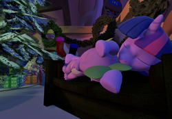 Size: 1024x714 | Tagged: safe, artist:pika-robo, spike, twilight sparkle, dragon, pony, g4, 3d, christmas, christmas eve, cute, female, gmod, male, mare, sleeping