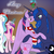 Size: 3500x3500 | Tagged: safe, artist:silfoe, princess cadance, princess celestia, princess luna, twilight sparkle, alicorn, pony, g4, alicorn tetrarchy, bedroom eyes, blushing, clothes, eye contact, eyes closed, female, frown, hat, hug, lesbian, magic, mare, mistletoe, open mouth, raised hoof, santa hat, scarf, ship:twiluna, shipping, smiling, spread wings, telekinesis, twilight sparkle (alicorn)