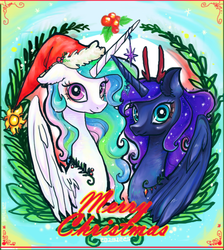 Size: 700x780 | Tagged: safe, artist:mirululu, princess celestia, princess luna, pony, g4, christmas, duo, female, hat, santa hat