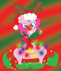 Size: 679x790 | Tagged: safe, artist:schwarzekatze4, pinkie pie, g4, christmas lights, female, hat, ornament, reindeer antlers, santa hat, solo