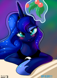 Size: 1944x2688 | Tagged: safe, artist:skyart301, princess luna, pony, g4, blushing, female, holly, holly mistaken for mistletoe, magic, solo