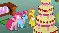 Size: 1050x590 | Tagged: safe, screencap, carrot cake, cup cake, pinkie pie, g4, mmmystery on the friendship express, ^^, eyes closed