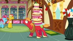 Size: 1050x590 | Tagged: safe, screencap, big macintosh, carrot cake, cup cake, earth pony, pony, g4, mmmystery on the friendship express, male, stallion