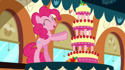 Size: 1050x590 | Tagged: safe, screencap, pinkie pie, earth pony, pony, g4, mmmystery on the friendship express, cake, eyes closed, female, food, mare, marzipan mascarpone meringue madness, solo