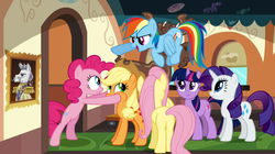 Size: 1050x590 | Tagged: safe, screencap, applejack, fluttershy, pinkie pie, rainbow dash, rarity, twilight sparkle, earth pony, pegasus, pony, unicorn, g4, mmmystery on the friendship express, butt, cheek squish, female, mane six, mare, painting, plot, sir pony ponee (character), squishy cheeks, unicorn twilight