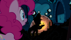 Size: 1050x590 | Tagged: safe, screencap, pinkie pie, earth pony, pony, g4, mmmystery on the friendship express, coal, dark, shovel, silhouette, totally not fluttershy, train, train engineer