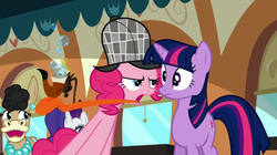 Size: 1050x590 | Tagged: safe, screencap, mulia mild, pinkie pie, twilight sparkle, earth pony, hybrid, mule, pony, unicorn, g4, mmmystery on the friendship express, season 2, bubble pipe, deerstalker, detective, ear piercing, earring, female, hat, jewelry, mare, necklace, open mouth, pearl necklace, piercing, sherlock pie, unicorn twilight