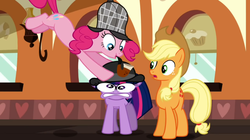 Size: 1050x590 | Tagged: safe, screencap, applejack, pinkie pie, twilight sparkle, earth pony, pony, unicorn, g4, mmmystery on the friendship express, my little pony: friendship is magic, bowler hat, bubble pipe, deerstalker, detective, faic, female, hat, mare, sherlock pie