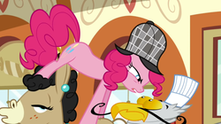 Size: 1050x590 | Tagged: safe, screencap, gustave le grande, mulia mild, pinkie pie, earth pony, griffon, hybrid, mule, pony, g4, mmmystery on the friendship express, bug eyes, deerstalker, detective, ear piercing, earring, eye contact, female, glare, hat, jewelry, looking at each other, male, mare, piercing, sherlock pie, toque, trio