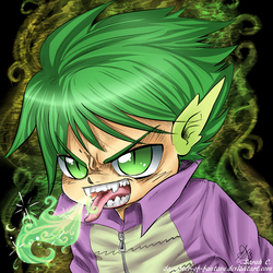 Size: 1500x1500 | Tagged: safe, artist:daughter-of-fantasy, spike, human, g4, creepy, elf ears, fangs, fire, humanized, light skin, male, solo