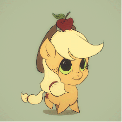 Size: 768x768 | Tagged: safe, artist:assasinmonkey, applejack, earth pony, pony, g4, :t, animated, apple, balancing, chibi, cowboy hat, cute, female, food, frame by frame, gif, green background, hat, jackabetes, looking up, mare, obligatory apple, simple background, smiling, solo, walk cycle, walking