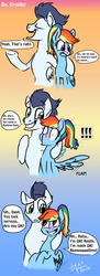 Size: 650x1788 | Tagged: safe, artist:erudier, rainbow dash, soarin', g4, alternate hairstyle, blushing, comic, female, high ponytail, hoof around neck, hoof on shoulder, male, ponytail, ship:soarindash, shipping, straight, wingboner