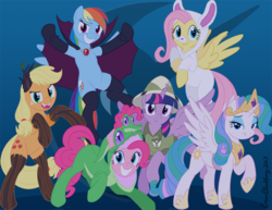 Size: 941x725 | Tagged: dead source, safe, artist:brianblackberry, applejack, fluttershy, gummy, pinkie pie, rainbow dash, rarity, twilight sparkle, alicorn, pony, g4, alicornified, catsuit, clothes, costume, fake wings, mane six, nightmare night, nightmare night costume, race swap, raricorn, role reversal, twilight sparkle (alicorn)