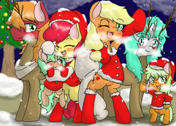 Size: 1400x1000 | Tagged: safe, artist:wonton soup, apple bloom, applejack, big macintosh, oc, oc:delicious soup, earth pony, pony, g4, animal costume, bipedal, bottomless, canon x oc, christmas, clothes, costume, deer costume, female, hat, holiday, male, mare, offspring, one eye closed, partial nudity, pixiv, santa costume, santa hat, self insert, snow, stallion, winter