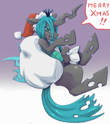 Size: 800x900 | Tagged: safe, artist:kamukamu, queen chrysalis, changeling, changeling queen, g4, christmas, christmas changeling, female, hat, pixiv, santa hat, solo