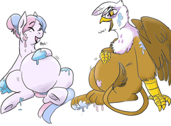 Size: 1766x1309 | Tagged: safe, artist:dolly, gilda, oc, oc:bundle joy, griffon, pony, g4, belly, frosting, laughing, pregnant, sticky