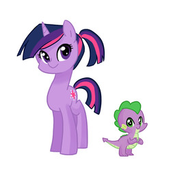 Size: 2500x2500 | Tagged: safe, artist:kianamai, spike, twilight sparkle, pony, unicorn, g4, alternate hairstyle, baby spike, ponytail, unicorn twilight, younger