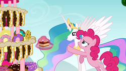 Size: 1366x768 | Tagged: safe, screencap, pinkie pie, princess celestia, alicorn, earth pony, pony, g4, mmmystery on the friendship express, bipedal, bipedal leaning, cake, cakelestia, cute, cutelestia, donut, duo, duo female, eclair, eyes on the prize, female, food, frown, good end, grin, leaning, levitation, magic, mare, marzipan mascarpone meringue madness, plate, reaching, smiling, spread wings, telekinesis, wings