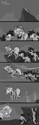 Size: 700x2240 | Tagged: safe, artist:egophiliac, princess luna, oc, oc:frolicsome meadowlark, oc:sunshine smiles (egophiliac), alicorn, bat pony, pony, moonstuck, g4, cartographer's cap, comic, filly, flying, grayscale, hat, monochrome, woona