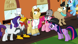 Size: 1050x590 | Tagged: safe, screencap, applejack, donut joe, gustave le grande, mulia mild, pinkie pie, rainbow dash, rarity, twilight sparkle, earth pony, griffon, hybrid, mule, pegasus, pony, unicorn, g4, mmmystery on the friendship express, bowler hat, bubble pipe, butt, deerstalker, detective, female, hat, male, mare, plot, sherlock holmes, sherlock pie, stallion, unicorn twilight