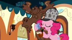 Size: 1050x590 | Tagged: safe, screencap, pinkie pie, earth pony, pony, g4, mmmystery on the friendship express, bubble pipe, deerstalker, detective, eyes closed, female, hat, mare, mousse moose, sherlock pie, solo