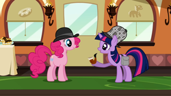 Size: 1050x590 | Tagged: safe, screencap, pinkie pie, twilight sparkle, earth pony, pony, unicorn, g4, mmmystery on the friendship express, bowler hat, bubble pipe, deerstalker, detective, duo, female, hat, mare, sherlock holmes, sherlock sparkle, unicorn twilight, watson