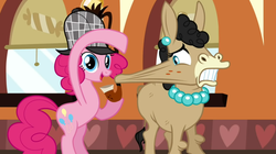 Size: 1050x590 | Tagged: safe, screencap, mulia mild, pinkie pie, earth pony, hybrid, mule, pony, g4, mmmystery on the friendship express, season 2, bubble pipe, deerstalker, detective, duo, ear piercing, earring, female, hat, jewelry, mare, necklace, pearl necklace, piercing, sherlock pie