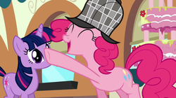 Size: 1050x590 | Tagged: safe, screencap, pinkie pie, twilight sparkle, earth pony, pony, unicorn, g4, mmmystery on the friendship express, cake, deerstalker, detective, eyes closed, female, food, hat, mare, open mouth, pointing, raised hoof, sherlock pie, unicorn twilight