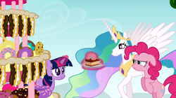 Size: 1050x590 | Tagged: safe, screencap, pinkie pie, princess celestia, twilight sparkle, g4, mmmystery on the friendship express, bipedal, cake, cakelestia, female, food, height difference, magic, mare, physique difference, slender, telekinesis, thin, trio