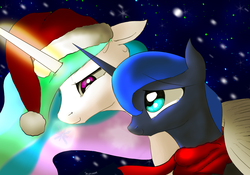 Size: 2000x1402 | Tagged: safe, artist:sakuracheetah, princess celestia, princess luna, g4, clothes, scarf, snow, snowfall