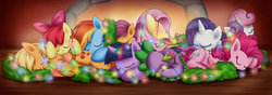 Size: 1600x564 | Tagged: dead source, safe, artist:xioade, apple bloom, applejack, fluttershy, pinkie pie, rainbow dash, rarity, scootaloo, spike, sweetie belle, twilight sparkle, g4, christmas, christmas lights, cuddle puddle, cuddling, cute, cutie mark crusaders, eyes closed, mane seven, mane six, on side, prone, sleeping, smiling, snuggling