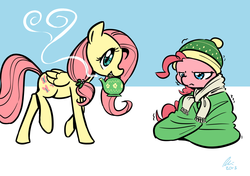 Size: 1280x900 | Tagged: safe, artist:rwl, fluttershy, pinkie pie, g4, beanie, blanket, cold, female, hat, lesbian, ship:flutterpie, shipping, shivering, teapot