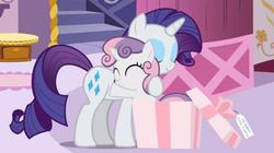 Size: 1017x570 | Tagged: safe, artist:mixermike622, rarity, sweetie belle, tumblr:ask fluffle puff, g4, carousel boutique, cute, hug, present, youtube link