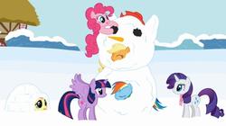 Size: 1020x571 | Tagged: safe, artist:mixermike622, applejack, fluttershy, pinkie pie, rainbow dash, rarity, twilight sparkle, alicorn, pony, g4, female, mane six, mare, scared, snow, snowman, twilight sparkle (alicorn)