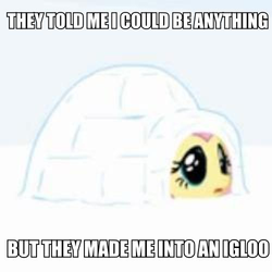 Size: 500x500 | Tagged: safe, artist:mixermike622, edit, fluttershy, g4, female, how can life be so cruel, igloo, image macro, roflbot, solo, they told me
