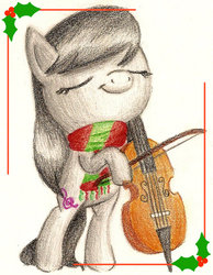 Size: 600x772 | Tagged: safe, artist:flutterluv, octavia melody, earth pony, pony, g4, bipedal, cello, christmas, clothes, female, holly, musical instrument, scarf, solo, traditional art